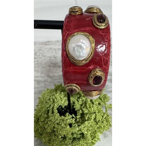 Vintage MCM Sterling Silver Snake Skin Pearl & Rhinestones Cuff Bracelet - Picture 4 of 10